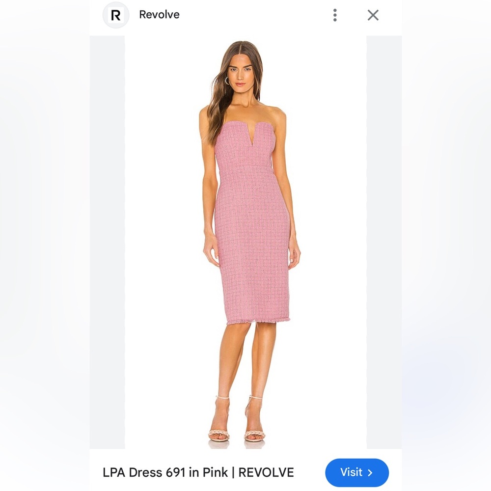 🌸LPA Revolve Strapless Bodycon Dress Pink Tweed Fringe XS Fitted Midi Cocktail